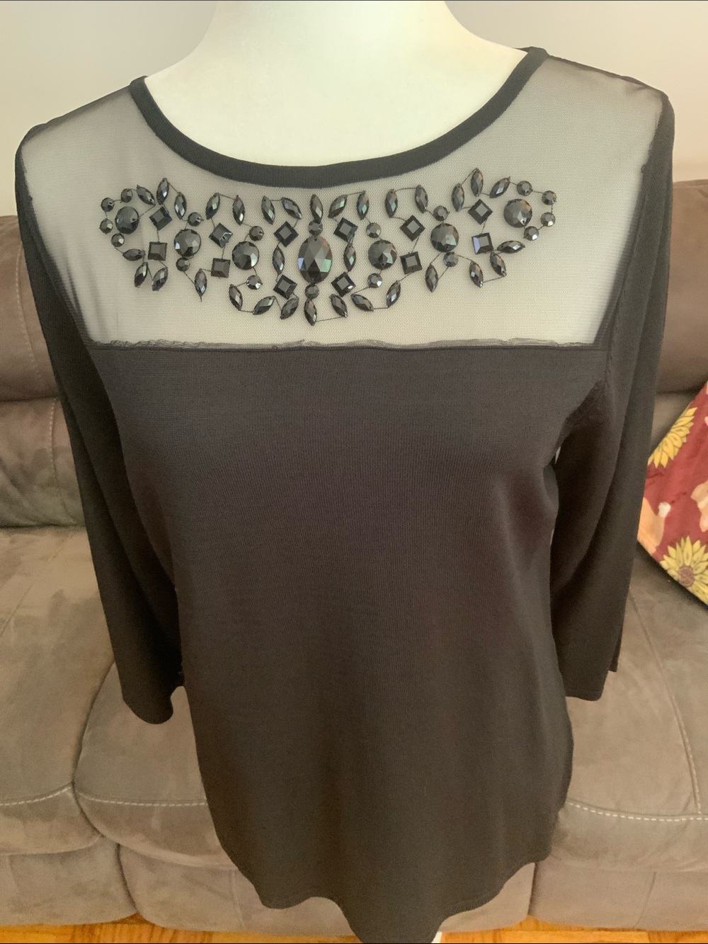 Cable & Gauge Black Jeweled Scoop Neck Top
